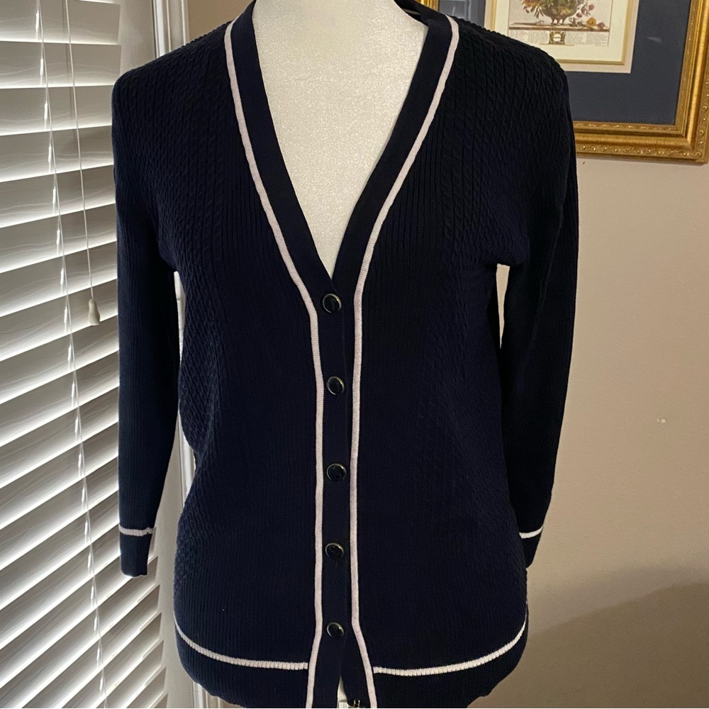 Jones New York Petite Large Sweater Cardigan Navy White Accents V-Neck Button Up